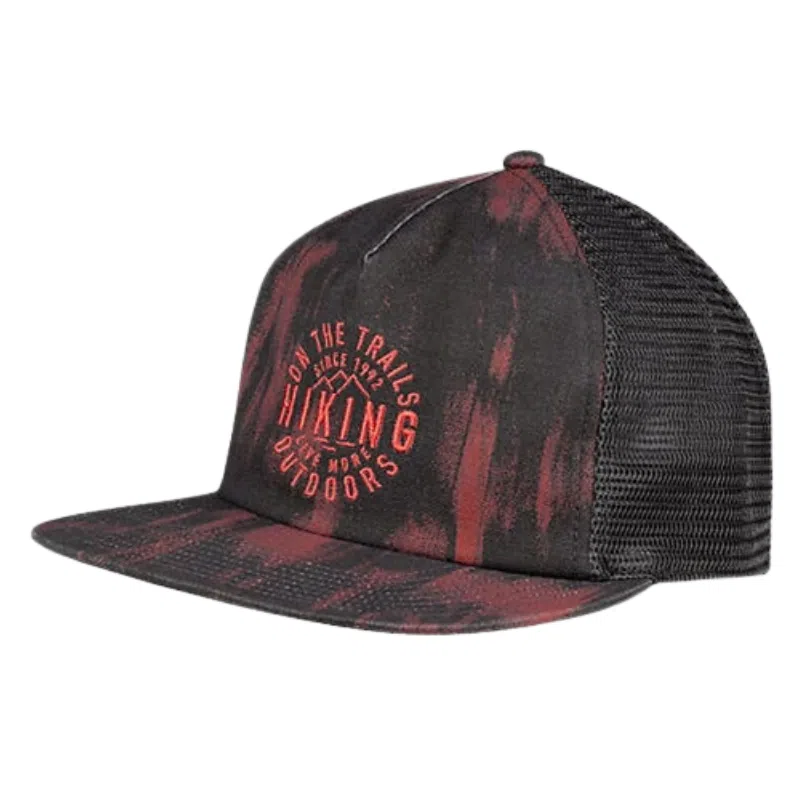 Jockey Buff Trucker Ikshi con diseño de senderismo y malla trasera en colores negro y rojo
