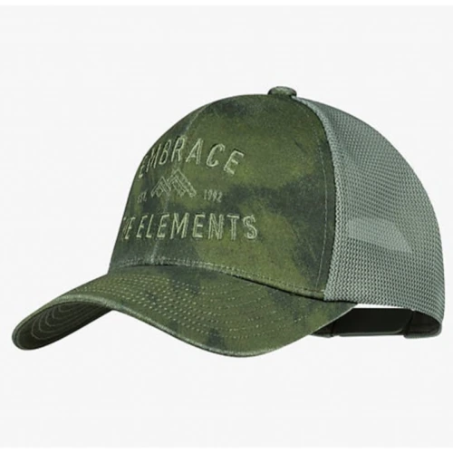 Gorra Jockey Buff Explore Trucker Tery color verde forestal con malla trasera y diseño de 'Embrace The Elements' en la parte frontal.