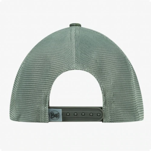 Parte trasera de la gorra Jockey Buff Explore Trucker Tery color verde forestal con cierre ajustable y malla trasera.