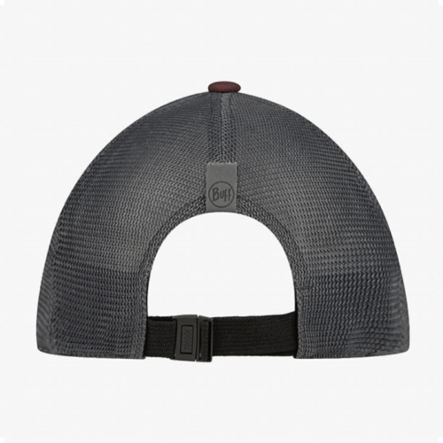 Vista trasera de la gorra Jockey Buff Explore Trucker Bonsy color terracota mostrando la malla y el cierre ajustable