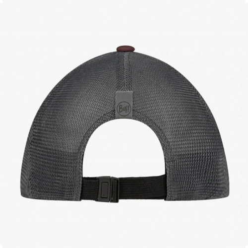 Vista trasera de la gorra Jockey Buff Explore Trucker Bonsy color terracota mostrando la malla y el cierre ajustable