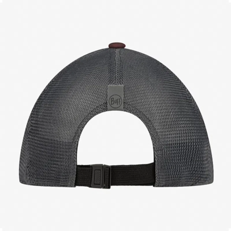 Vista trasera de la gorra Jockey Buff Explore Trucker Bonsy color terracota mostrando la malla y el cierre ajustable