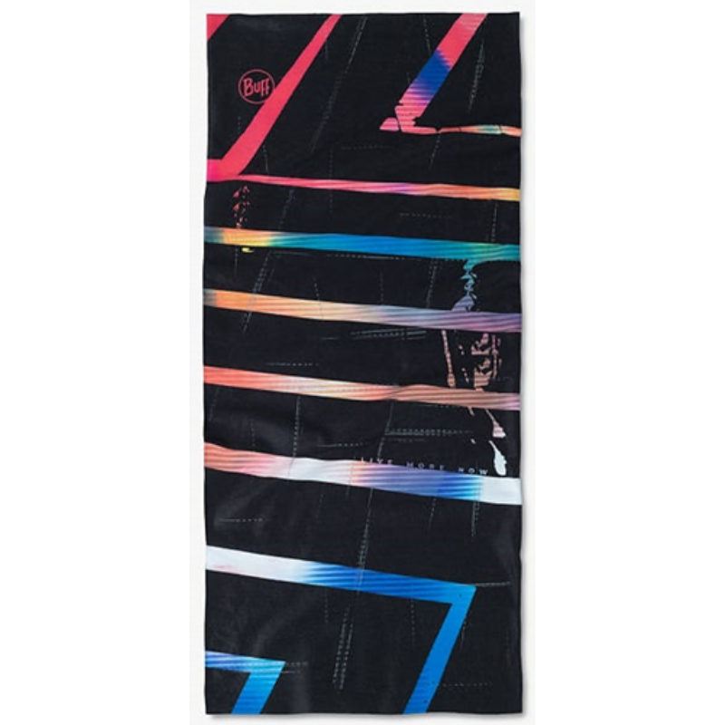 La bandana Buff CoolNet UV Reflectante Matsy Multi cuenta con un diseño geométrico adornado con vibrantes rayas diagonales en tonos de rosa, azul y naranja sobre un elegante fondo negro.