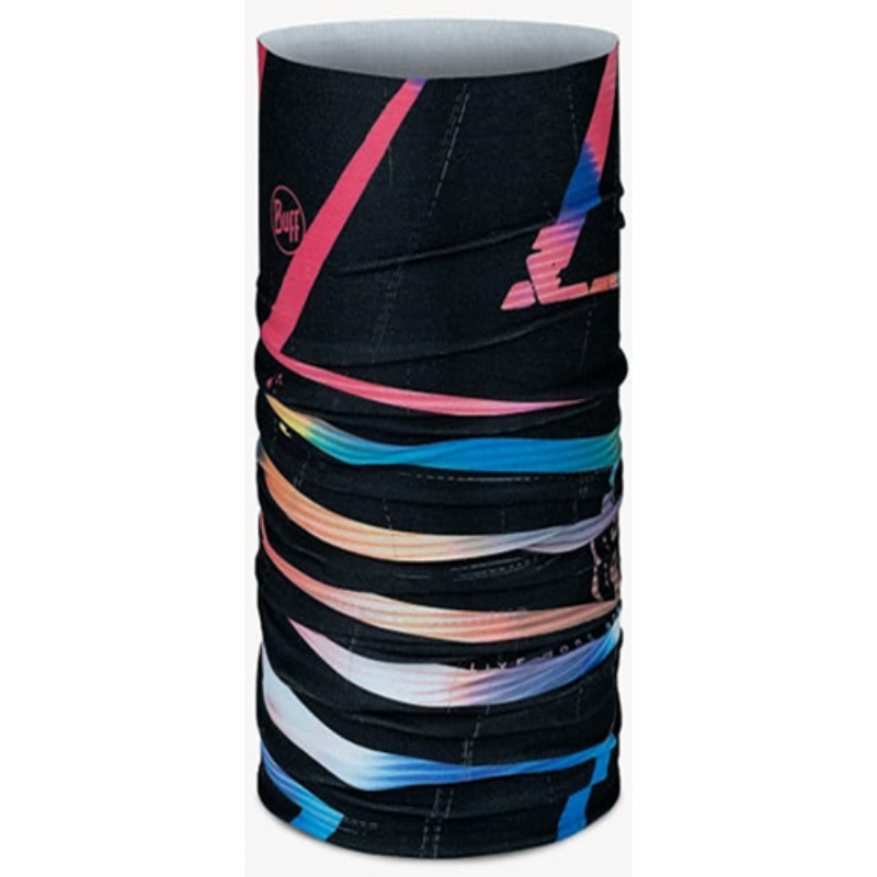 La bandana Buff CoolNet UV Reflectante Matsy Multi presenta un diseño abstracto versátil con tonos vibrantes de rosa, azul, naranja y blanco sobre un fondo negro. La tecnología CoolNet UV Reflectante garantiza la protección, mientras que el logotipo de la marca se muestra en la parte superior de la tela. Esta polaina adaptable se puede usar de muchas maneras.