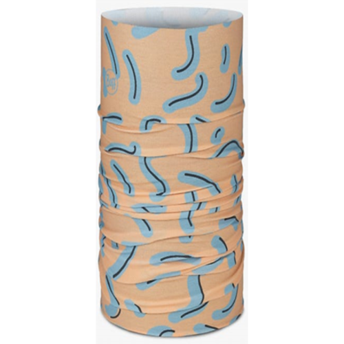 Bandana cilíndrica Buff CoolNet UV Reflectante Thisy Multi con fondo beige y estampado de formas abstractas en azul. La tela está ligeramente fruncida para mostrar su elasticidad y textura. Esta prenda combina moda y funcionalidad para todas tus aventuras al aire libre.