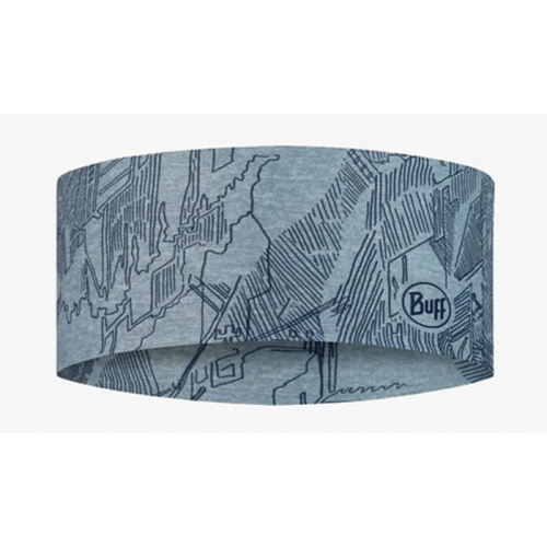Cinta para la cabeza Buff CoolNet UV Wide Laven Mist en color gris, que presenta un patrón abstracto basado en líneas en tonos más oscuros de gris y azul. El logotipo de Buff es visible en el lado derecho de la cinta para la cabeza ancha y con forma de tubo, que está hecha de tela elástica.