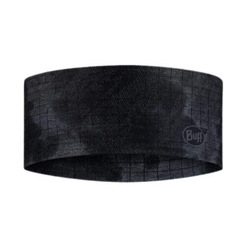 Una cinta elástica negra con un sutil patrón en forma de cuadrícula y un pequeño logotipo circular "Buff". El material texturizado y liviano la hace perfecta para cualquier actividad. Este modelo Cinta Buff CoolNet UV Wide Bonsy Graphite garantiza comodidad y estilo.