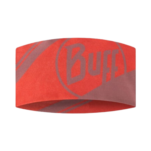 Una banda ancha para la cabeza Buff CoolNet UV en color Arthy Nectarine, con una franja diagonal gris y la palabra "Buff" en un lugar destacado en el frente en una fuente gris más grande. Este diseño elástico y sin costuras es ideal para deportes y actividades al aire libre.