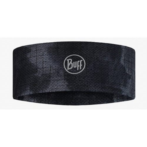 La cinta para la cabeza Cinta Buff Fastwick Bonsy Graphite es de color negro con textura estampada y presenta el logotipo de la marca en blanco en el centro. Está diseñada para actividades y deportes al aire libre, brindando comodidad y absorción del sudor.
