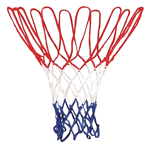 Una red de baloncesto llamada "Red Básquetbol Uk Time Sport Profesional Tricolor" presenta un esquema de color patriótico tricolor con tres secciones: rojo en la parte superior, blanco en el medio y azul en la parte inferior, sobre un fondo blanco.