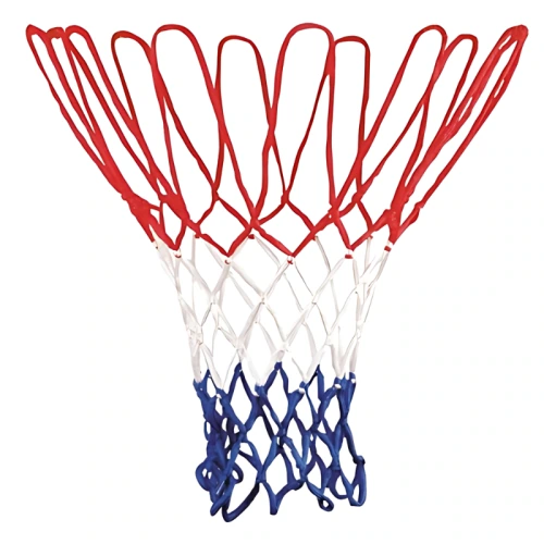 Una red de baloncesto llamada "Red Básquetbol Uk Time Sport Profesional Tricolor" presenta un esquema de color patriótico tricolor con tres secciones: rojo en la parte superior, blanco en el medio y azul en la parte inferior, sobre un fondo blanco.