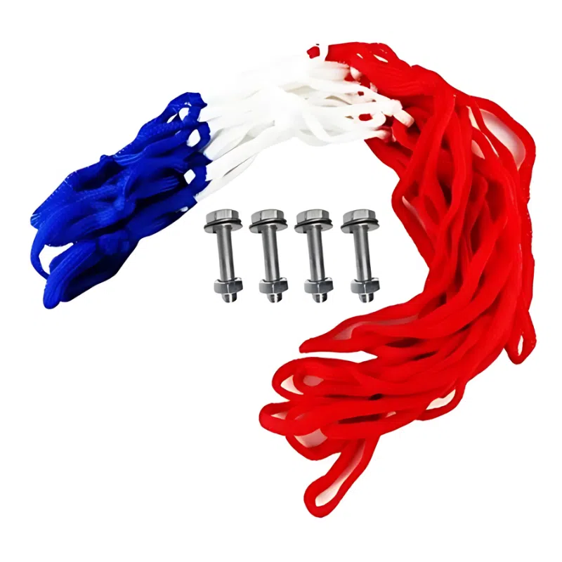 El Aro Básquetbol Uk Time Sport 45.7cm con Resorte está diseñado sobre un fondo blanco liso, completo con una red de baloncesto tricolor en azul, blanco y rojo junto con cuatro pernos de metal, ideal para los entusiastas del aro básquetbol.