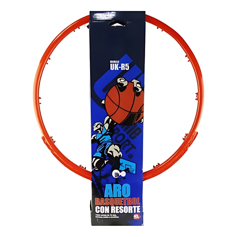 El embalaje de un enérgico aro de baloncesto de color naranja, que muestra el gráfico de un jugador haciendo un mate, presenta el texto en español "Aro Básquetbol Uk Time Sport 45,7cm con Resorte" y enfatiza el modelo "UK-R5" sobre un llamativo fondo azul.