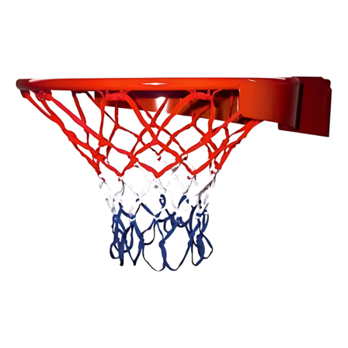 Imagen en primer plano de un Aro Básquetbol Uk Time Sport 45.7cm con Resorte con una red roja, blanca y azul. La parte inferior de la red es azul, la parte central es blanca y la parte superior es roja. El fondo es completamente blanco.