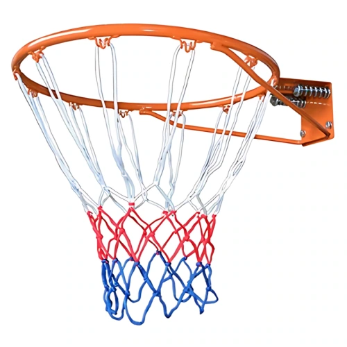 El Aro Básquetbol Uk Time Sport de 45 cm presenta un aro de baloncesto de color naranja vibrante combinado con una red roja, blanca y azul. Está montado sobre un soporte de metal resistente y se muestra desde un ángulo ligeramente lateral contra un fondo blanco prístino.