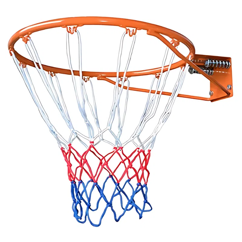 El Aro Básquetbol Uk Time Sport de 45 cm presenta un aro de baloncesto de color naranja vibrante combinado con una red roja, blanca y azul. Está montado sobre un soporte de metal resistente y se muestra desde un ángulo ligeramente lateral contra un fondo blanco prístino.