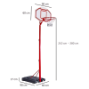 Echa un vistazo a la imagen del Aro Básquetbol Uk Time Sport con Pedestal Zy-003, que muestra un aro de baloncesto portátil rojo con un rango de altura ajustable de 210 a 280 cm. El tablero tiene unas dimensiones de 90 cm de ancho y 60 cm de alto, mientras que la base robusta mide 60 por 90 cm con una altura de 17 cm.