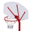 La imagen muestra el Aro Básquetbol Uk Time Sport con Pedestal Zy-003, que cuenta con un poste rojo y un tablero blanco con un patrón texturizado. La red muestra los colores rojo, blanco y azul sobre un fondo blanco liso.