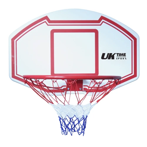 El tablero de baloncesto Uk Time Sport con Aro Zy-005 es una incorporación elegante a su juego, con un tablero blanco con detalles en rojo y azul y una red blanca, roja y azul. La marca "UK Time Sport" está impresa con orgullo en el tablero.