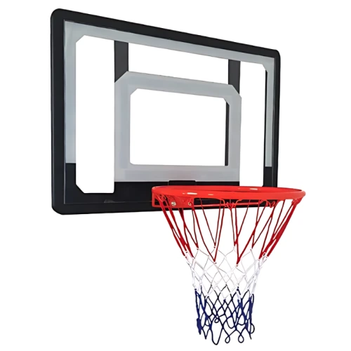 Primer plano de un aro de baloncesto adherido al tablero transparente del Tablero Básquetbol Uk Time Sport S010 con Aro Junior. El aro cuenta con un borde rojo y una red con secciones rojas, blancas y azules. El tablero presenta un diseño moderno y minimalista con detalles en blanco y negro.