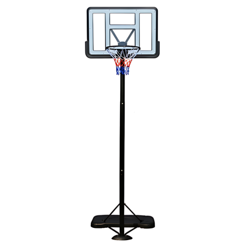 El Aro Básquetbol Uk Time Sport con Pedestal Profesional S021F es un aro de baloncesto portátil de altura regulable con un tablero transparente, un marco negro y una red con colores rojo, blanco y azul. Está sostenido por un poste y una base negros, lo que lo hace perfecto para uso en exteriores.
