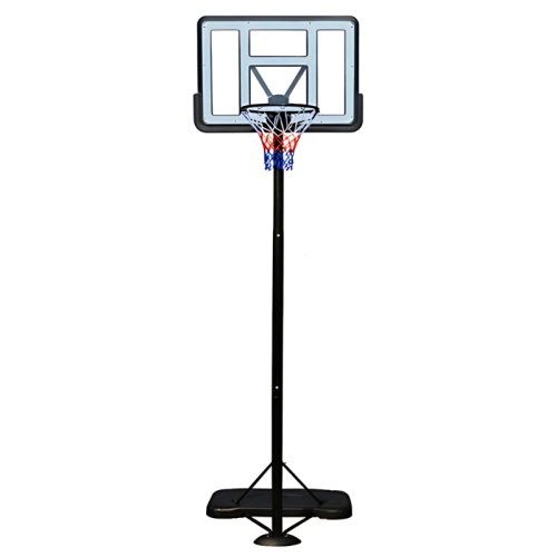El Aro Básquetbol Uk Time Sport con Pedestal Profesional S021F es un aro de baloncesto portátil de altura regulable con un tablero transparente, un marco negro y una red con colores rojo, blanco y azul. Está sostenido por un poste y una base negros, lo que lo hace perfecto para uso en exteriores.
