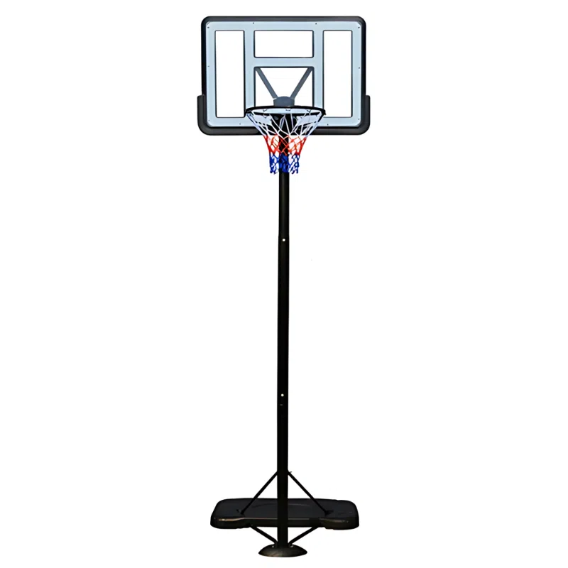 El Aro Básquetbol Uk Time Sport con Pedestal Profesional S021F es un aro de baloncesto portátil de altura regulable con un tablero transparente, un marco negro y una red con colores rojo, blanco y azul. Está sostenido por un poste y una base negros, lo que lo hace perfecto para uso en exteriores.