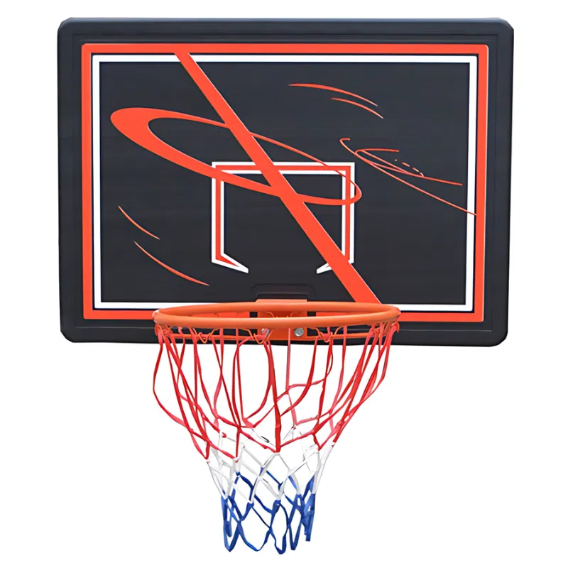 Imagen de un aro de baloncesto montado sobre el Tablero Básquetbol Uk Time Sport Polietileno HD 110x70cm, un tablero negro con detalles en rojo y blanco. La red es roja, blanca y azul, y el tablero presenta un diseño abstracto de swoosh.