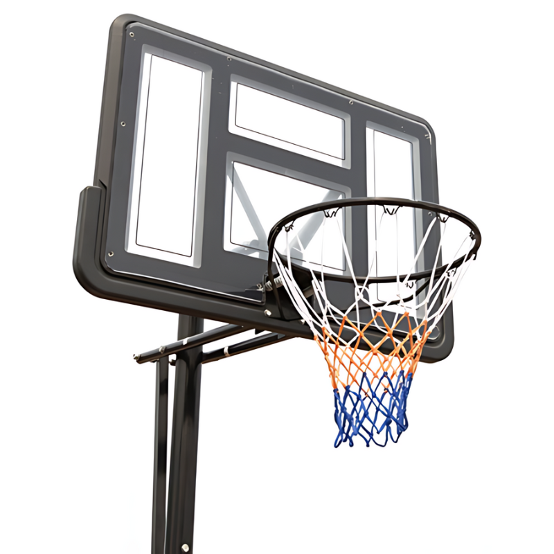 Con un tablero transparente y una red vibrante con rayas azules, blancas y naranjas, el Aro Básquetbol Uk Time Sport con Pedestal S020 de UK Time Sport está diseñado para mejorar tu experiencia de baloncesto cuando se ve desde abajo sobre un fondo blanco.