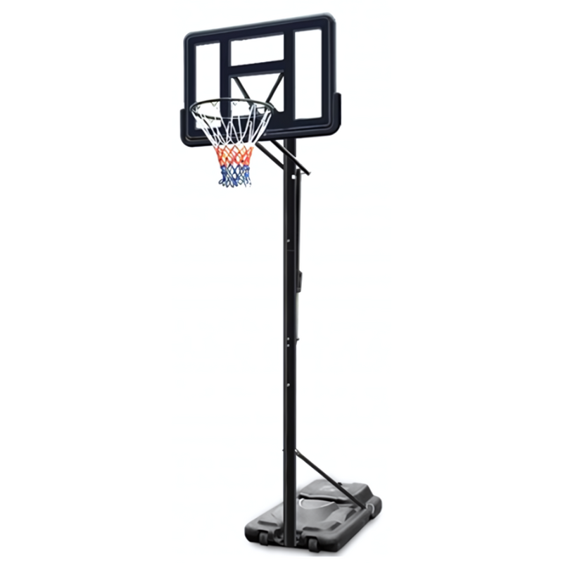 El Aro Básquetbol Uk Time Sport con Pedestal S020 es un aro de baloncesto portátil que cuenta con un soporte negro y una base de plástico que se puede llenar con agua. El tablero transparente tiene un marco negro y el aro viene equipado con una red blanca adornada con patrones rojos y azules. Además, la altura del aro es ajustable para mayor versatilidad.