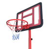 Vista en primer plano del aro de baloncesto Uk Time Sport con pedestal S881A para niños con tablero rojo y negro. La red muestra tonos rojos, blancos y azules. La imagen se capturó desde abajo y resalta el aro contra un fondo blanco puro.