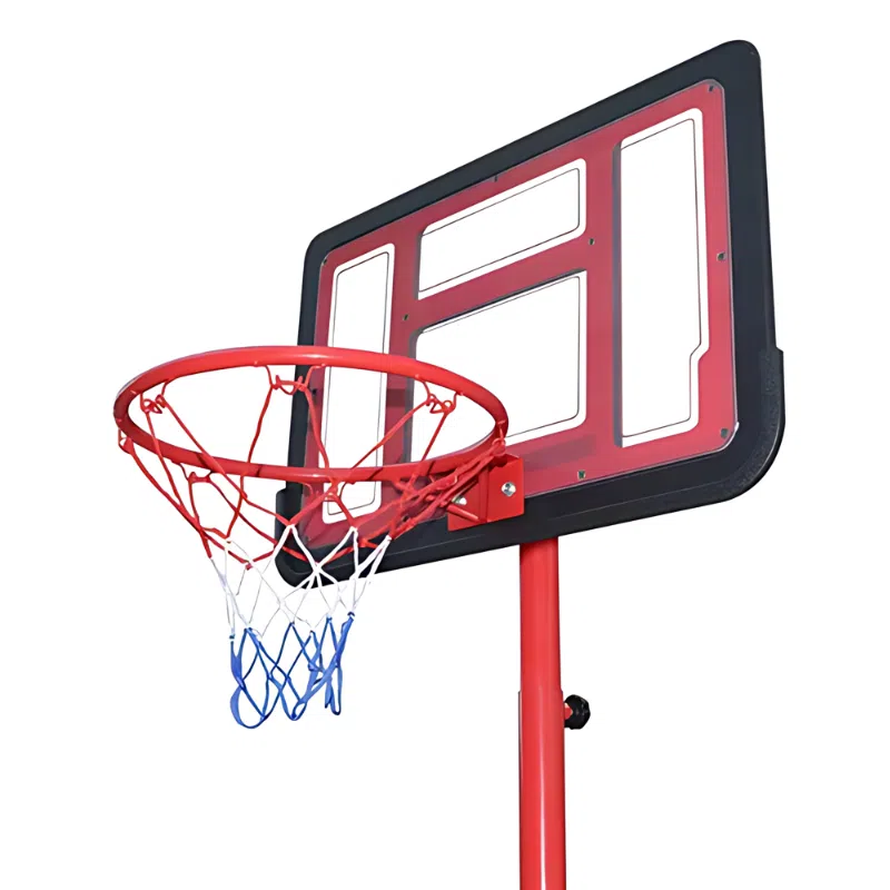 Vista en primer plano del aro de baloncesto Uk Time Sport con pedestal S881A para niños con tablero rojo y negro. La red muestra tonos rojos, blancos y azules. La imagen se capturó desde abajo y resalta el aro contra un fondo blanco puro.