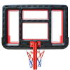 El Aro Básquetbol Uk Time Sport con Pedestal S881A para Niños cuenta con un tablero rectangular negro y rojo con tres cortes. Su red tiene colores vibrantes en rojo, blanco y azul y está firmemente sujeta a un poste rojo resistente. El diseño clásico se destaca sobre un fondo blanco simple.