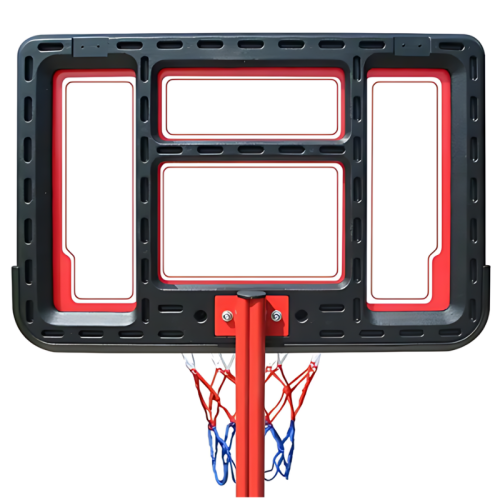 El Aro Básquetbol Uk Time Sport con Pedestal S881A para Niños cuenta con un tablero rectangular negro y rojo con tres cortes. Su red tiene colores vibrantes en rojo, blanco y azul y está firmemente sujeta a un poste rojo resistente. El diseño clásico se destaca sobre un fondo blanco simple.