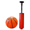 Sobre un fondo blanco inmaculado, una pelota de baloncesto naranja reposa junto a una bomba de balón roja con un mango negro, como si estuviera preparada para su momento en un evento de Aro Básquetbol Uk Time Sport con Pedestal S881A para Niños.