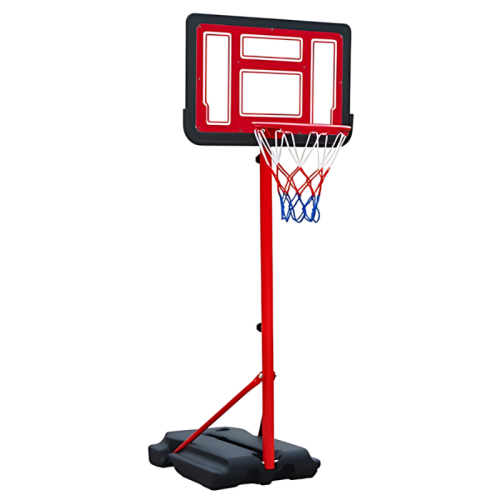 Aro de baloncesto ajustable rojo y negro Aro Básquetbol Uk Time Sport con Pedestal S881A para Niños con tablero transparente, aro rojo y red con secciones rojas, blancas y azules. El aro está montado sobre una base resistente con soportes, diseñado para uso en exteriores.