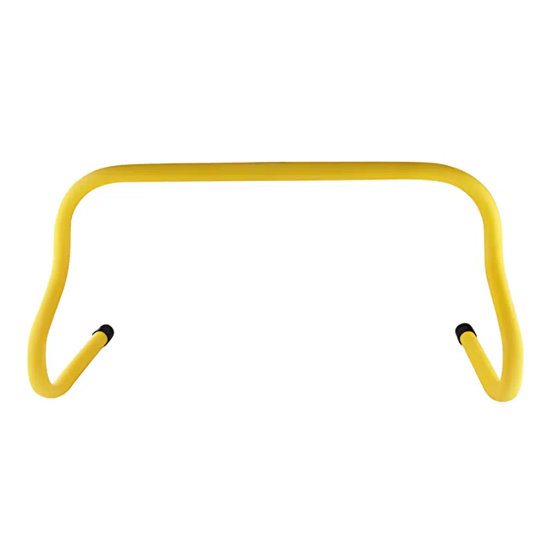 La valla de entrenamiento Micro Valla Train de 6" presenta un diseño amarillo vibrante con tapas de extremo negras, lo que la convierte en una opción ideal para ejercicios de agilidad y entrenamiento atlético, destacándose brillantemente sobre un fondo blanco.