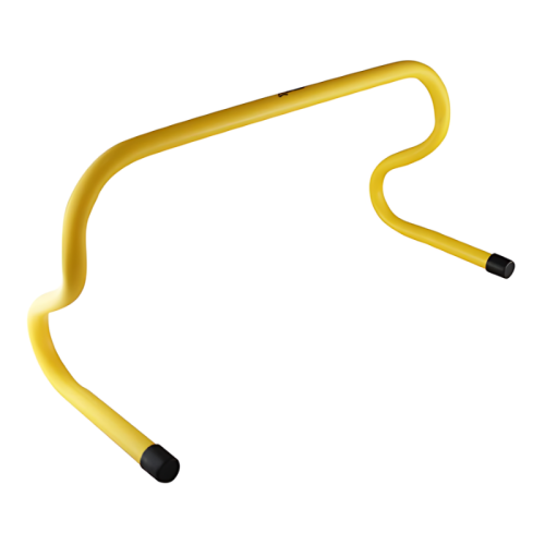 Imagen de una valla de agilidad Micro Valla Train de 6" de color amarillo brillante que presenta un diseño ondulado distintivo. La valla incluye tapas de goma negras en los extremos de cada pata para una mayor estabilidad. Diseñada para ejercicios de entrenamiento atlético, se muestra sobre un fondo blanco.