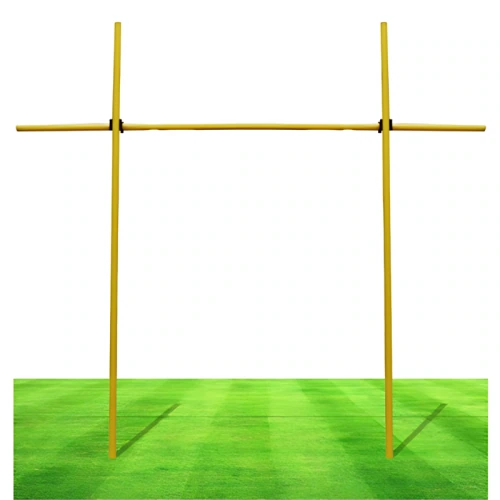Un poste de rugby amarillo se encuentra sobre un campo de césped bien cuidado, perfecto para el Kit de Entrenamiento Outdoor Train. Los postes altos son verticales y paralelos, conectados en la parte superior por un travesaño horizontal, formando una estructura en forma de H sobre un fondo blanco, ideal para cualquier sesión de entrenamiento al aire libre.
