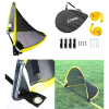 Collage con el set Mini Cancha Fútbol Train Plegable, que incluye una portería plegable negra y amarilla, estuche de transporte, correas amarillas, estacas y clips. Su diseño plegable se muestra sobre césped, lo que lo hace ideal para los amantes de los deportes al aire libre.