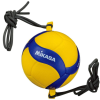 Un Balón de Voleibol MIKASA V300W-AT-TR amarillo y azul con la marca "Mikasa" y dos cordones negros, que presenta una superficie texturizada diseñada para un rendimiento deportivo óptimo.