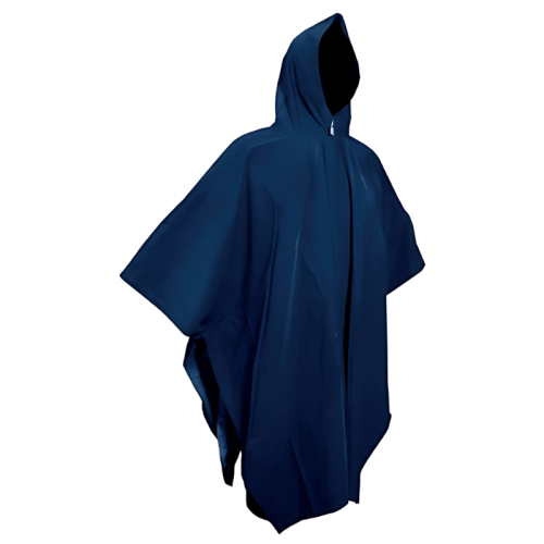 Poncho impermeable FG Steel Holt T35 en color azul oscuro, con capucha incorporada, que se muestra en un maniquí invisible. El poncho tiene un diseño suelto y fluido con mangas anchas y un bolsillo delantero. El material parece ser impermeable, adecuado para condiciones climáticas húmedas.