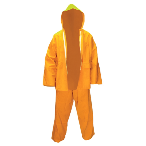 El Traje Impermeable FG Steel Norske T50 Piernera es un traje de lluvia de dos piezas de color naranja brillante con capucha. La chaqueta está abierta, dejando al descubierto la parte delantera, y el conjunto incluye pantalones de pierna ancha. Ambas piezas están confeccionadas con un material brillante e impermeable, ideal para protegerse de la lluvia.