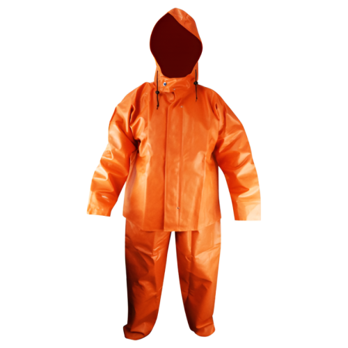 El traje de lluvia Traje Black Bear Alta Mar Laks, con capucha, mangas largas y pantalones largos en un color naranja vibrante, es ideal para las condiciones climáticas de Alta Mar. Presentado sobre un fondo blanco liso, resalta su material impermeable y su diseño pensado para brindar protección contra la lluvia.