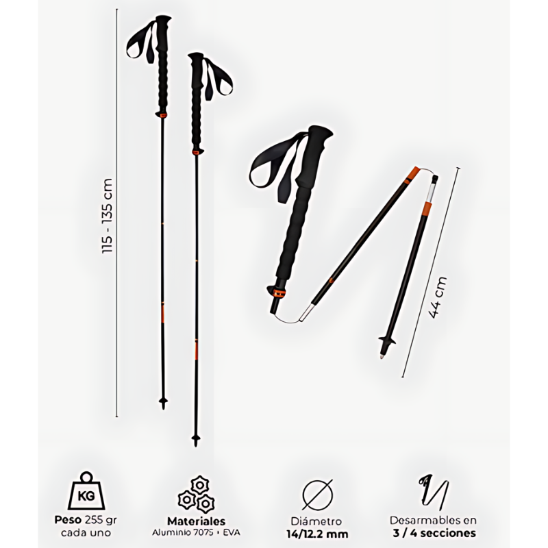 Descubra la multifuncionalidad de los Bastones de Trekking Plegables y Telescópicos Kano, que se muestran desde múltiples perspectivas. Estos bastones de trekking de aluminio y EVA se pueden extender de 115 a 135 cm, plegarse hasta un tamaño compacto de 44 cm y cada uno pesa solo 255 gramos. Con un diámetro de 14/12,2 mm, se pueden separar en tres o cuatro secciones para una portabilidad cómoda.