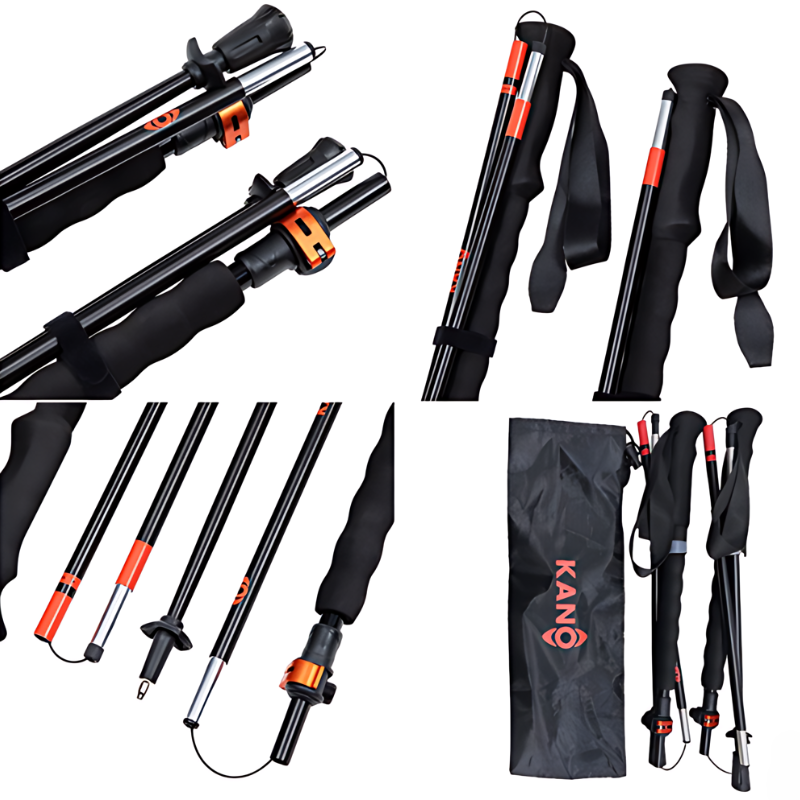 Los bastones de trekking plegables y telescópicos Kano, de color negro y naranja, se presentan en diferentes configuraciones, destacando tanto la vista extendida como la vista plegada. Cuentan con asas acolchadas, correas ajustables y mecanismos de cierre rápido. Se incluye un estuche de transporte negro con el logotipo "KANG".