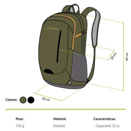 La Mochila Atakama Outdoor Cochamó 25L, que se muestra aquí en color verde oliva, mide 49 cm de alto, 33 cm de ancho y 20 cm de profundidad. Con un peso de tan solo 750 gramos, está hecha de poliéster resistente y tiene una capacidad de 25 litros. Esta mochila está disponible tanto en verde oliva como en negro.