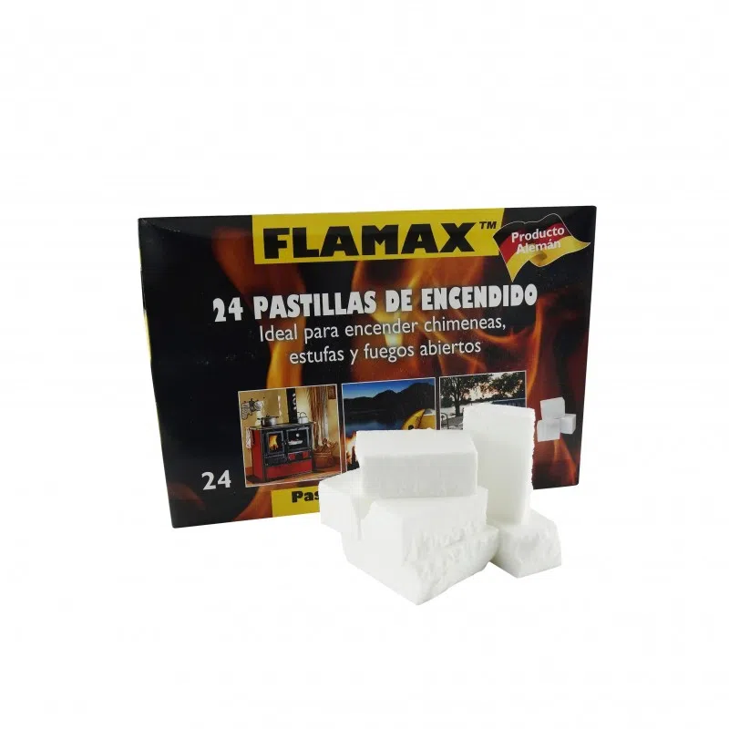 Una caja de Iniciadores De Fuego Flamax 24 Unidades tabletas iniciadoras de fuego. El frente de la caja dice "24 unidades de Pastillas de Encendido" con imágenes de una chimenea y una estufa. Fuera de la caja se muestran varios iniciadores de fuego blancos.