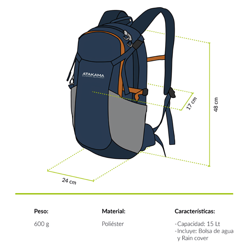 Representación de la Mochila Hidratación Atakama Outdoor Pintor 15L, con un diseño en tonos azules y grises. Sus dimensiones son 48 cm de alto, 24 cm de ancho y 17 cm de profundidad. Con un peso de 600 g, esta mochila fabricada en poliéster viene equipada con una bolsa de agua y un protector de lluvia, ideal para todas tus aventuras al aire libre.
