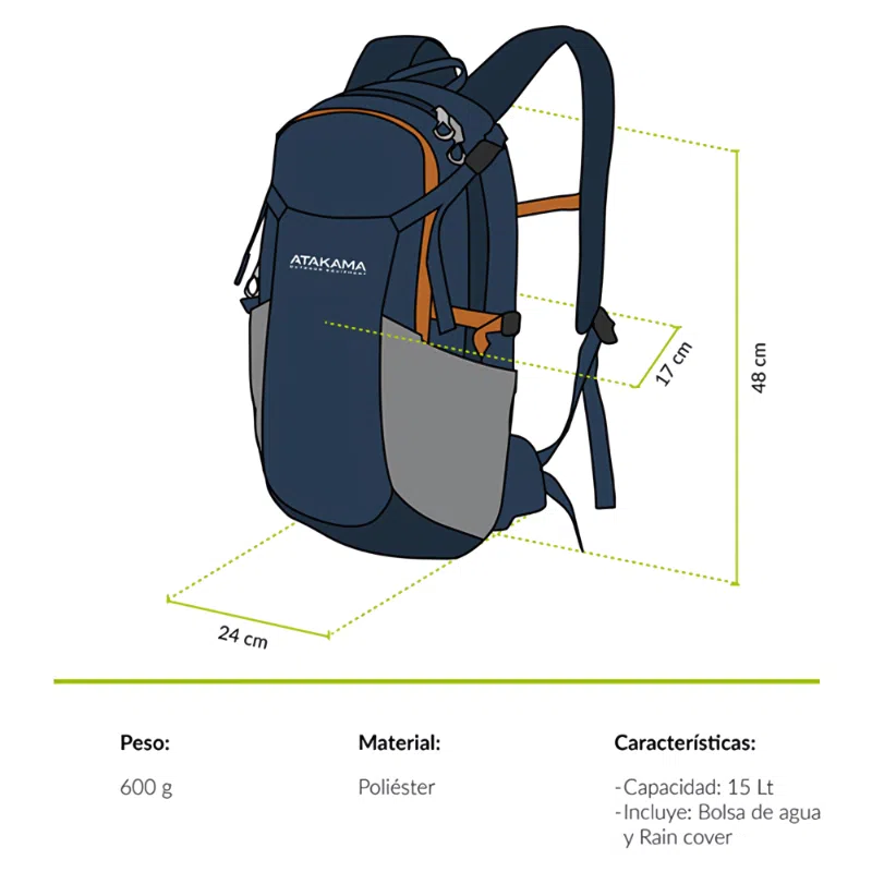 Representación de la Mochila Hidratación Atakama Outdoor Pintor 15L, con un diseño en tonos azules y grises. Sus dimensiones son 48 cm de alto, 24 cm de ancho y 17 cm de profundidad. Con un peso de 600 g, esta mochila fabricada en poliéster viene equipada con una bolsa de agua y un protector de lluvia, ideal para todas tus aventuras al aire libre.